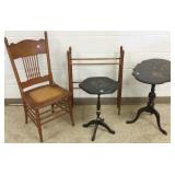 2 tilt top tables, quilt rack, & an oak chair