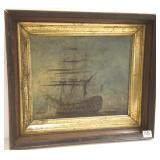 Antique framed oil on board- early sailing ship