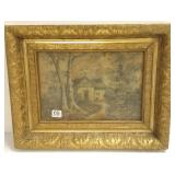 Ornately framed early pencil drawing of a cottage