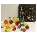 18 Italian art glass fruits on Briard tray
