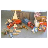 Group toys including vintage steel trucks, wooden