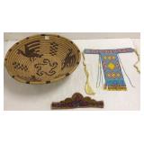 Approx 17" vintage coiled basket with bird motif &