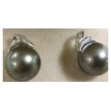 Pair of white 14k gold, diamond & grey pearl
