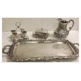 Victorian ornate silverplate pitcher, tray, egg