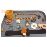 Group of Deco & vintage jewelry, carved Bakelite,