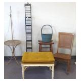 Group including rocker, bench, iron lamp, etc.