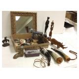 Group including framed mirror, powder horns,