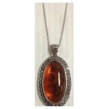 Large sterling pendant set with amber on chain
