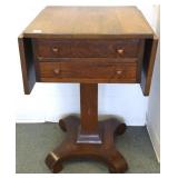 Mission oak drop leaf sewing stand with label