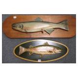 2 carved folk art wood fish plaques 20" to 28"