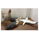 Mounted chicken, wood seagull, & heron figures