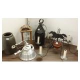 Group including early lanterns, horse fixture,