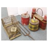 Group vintage metal items, bird cage, thermos, etc