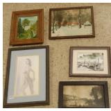 5 small framed artworks including watercolor