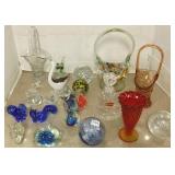 Group including art glass paperweights, baskets,