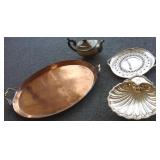 Early pewter tea pot, copper tray & 2 silverplate