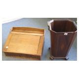 Carved oak table top desk & an inlaid umbrella