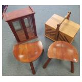 2 stools, sewing cabinet & a curio cabinet
