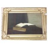Framed signed still life oil on canvas - books