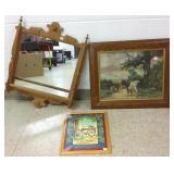Victorian mirror w/ towel bar, cow litho & print
