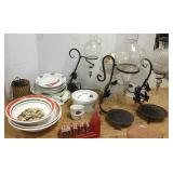 Group including glass cake stands, wine decanters,