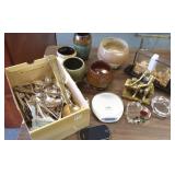 Group of silverplate flatware, pottery, bookend,