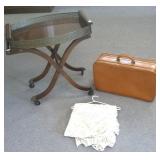Butlers tray on stand & a leather suitcase &