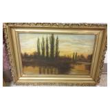 Ornately framed oil on board - lake scene