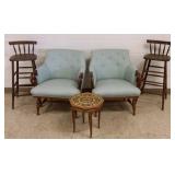 2 chairs, 2 stools and an inlaid table