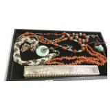 Group jewelry including rose quartz, jade, coral,