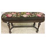Antique long bench with needlepoint upholstery