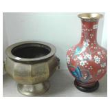 Heavy brass jardiniere & a 16" cloisonne vase