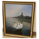 Framed signed Beaumont oil on board- Swan