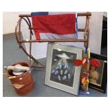 Quilt rack, quilt, ice cream maker, totem pole & 2