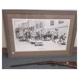 Antique single shot rifle & framed signed &