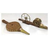 2 early bellows including carved cat motif- dated