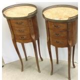 2 petite French inlaid marble top 3-drawer stands