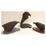 3 bronze eagle heads on bases- 1 signed G. Fay