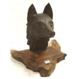 Unsigned 10 3/4" bronze wolf head on wood base