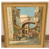 Signed Domano oil on canvas- street market scene
