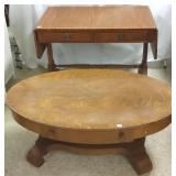 Low oak table with drawer & a mahogany