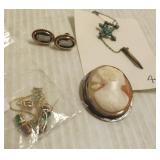 Group including 10k gold earrings, carved cameo