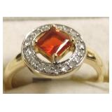 14K gold ring set with fire opal & diamonds