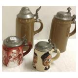 4 pottery steins including Mettlach, etc