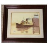 Framed signed watercolor - tugboat