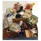 Group of dolls, ephemera, pins, doll furniture,