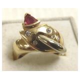 14k ring set with 5 diamonds & a ruby signed C.H.