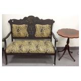 Antique bench with arms & a small mahogany