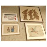 2 framed oriental woodblock prints, a painting &