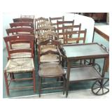14 assorted chairs & an Arts & Crafts tea cart